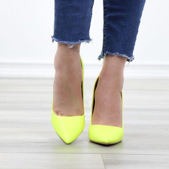 Neon Yellow Faux Leather Pointy Toe High Heels - Picture 10 of 14